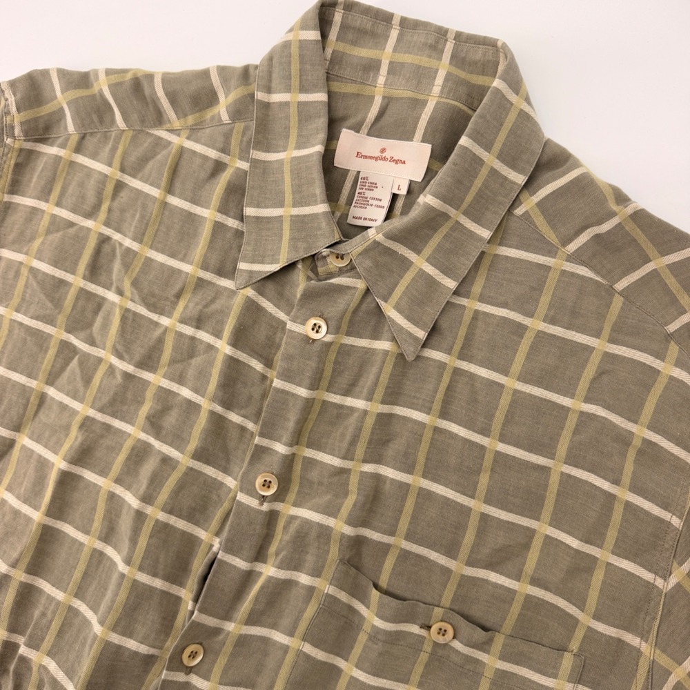 Ermenegildo Zegna Button Down Mens Large Olive Green Linen Cotton Grid Italy